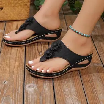 модные элегантные цветочные женские тапочки на танкетке с застежкой-молнией, летние однотонные шлепанцы на толстой платформе, женская пляжная обувь для отдыха на открытом воздухе 36 чёрный