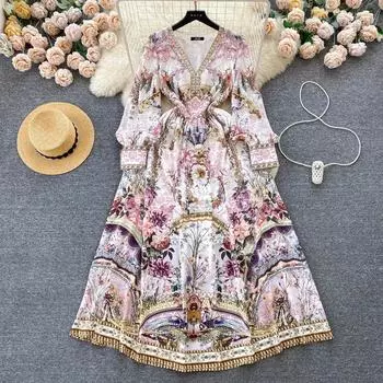 Модные элегантные дизайнерские винтажные платья макси с принтом, женские вечерние платья с v-образным вырезом и длинными рукавами и высокой талией M синий
