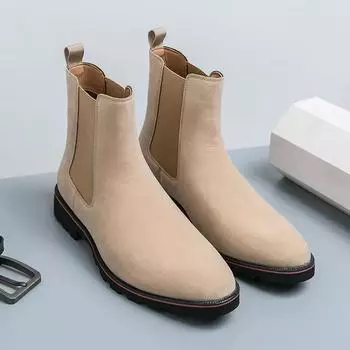 Модные элегантные мужские ботильоны, зимние новые стильные остроносые туфли для банкета, офисные деловые мужские короткие ботинки на толстой подошве 38 бежевый