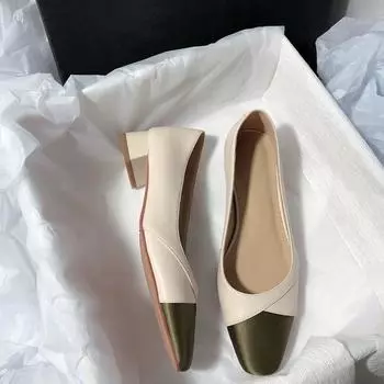 Модные элегантные новые женские туфли из мягкой кожи на среднем толстом каблуке с неглубокой подошвой на плоской подошве для летнего сезона с резиновым верхом 38 бежевый