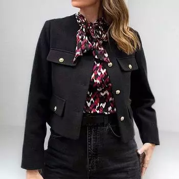 Модные элегантные повседневные пальто с длинным рукавом для женщин, осенние винтажные свободные куртки больших размеров с круглым вырезом, женские однотонные приталенные зимние женские куртки 25364 S чёрный