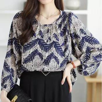 Модные элегантные повседневные свободные шифоновые рубашки женские топы с длинным рукавом женские блузки больших размеров с круглым вырезом облегающая рубашка с винтажным принтом женская одежда 26340 M чёрный