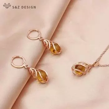 Модные элегантные простые полые серьги с каплями воды, висячие серьги, комплекты ювелирных изделий для женщин, ожерелье с подвеской цвета розового золота