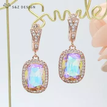 Модные элегантные прямоугольные серьги-капли с кристаллами для женщин, свадебные серьги розового золота с кубическим цирконием, ювелирные изделия