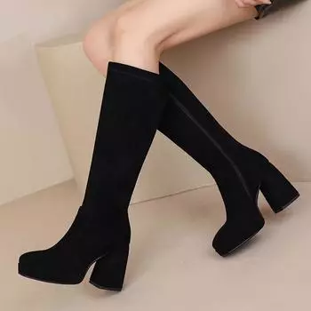 Модные элегантные сапоги до колена, женская обувь 2024 года, осень-зима, женские высокие сапоги из мягкой замши на молнии, длинные туфли для вечеринок, женские, большой размер 45 34 чёрный