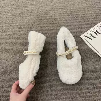 модные элегантные серые меховые мокасины женские роскошные меховые туфли на плоской подошве женские зимние теплые плюшевые туфли кружевные кожаные ремешки-цепочки 35 бежевый