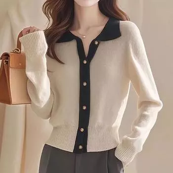 Модные элегантные трикотажные женские свитера, куртки, осенние, тонкие, с воротником-поло, базовые, пуловеры, повседневные кардиганы, женские, теплые, зимние, трикотажные пальто 25655 One Size бежевый