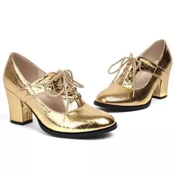 Модные элегантные туфли-лодочки на среднем каблуке, роскошные, золотистые, серебристые, розовые, женские туфли на каблуке, на шнуровке, для офиса, свадьбы, большой размер 45 50 34 золотой