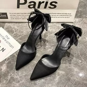 Модные элегантные туфли-лодочки с бантом на тонком каблуке, женские туфли с острым носком и ремешком на щиколотке, свадебные туфли для вечеринок, летние босоножки, женские туфли на высоком каблуке для невесты 35 чёрный