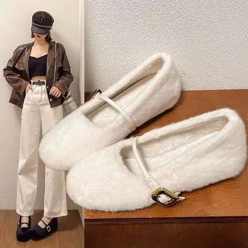 Модные элегантные туфли Мэри Джейн с пряжкой на меху, женские удобные мягкие пухлые туфли на плоской подошве, женские плюшевые мокасины 35 бежевый