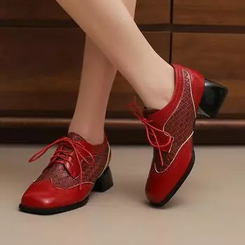 Модные элегантные туфли на низком каблуке, женские туфли-лоферы, большой размер 45, повседневные, на шнуровке, черные, белые, красные, розовые, женские туфли на каблуке для вечеринки и свадьбы 34 чёрный