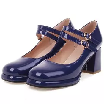 Модные элегантные туфли на высоком каблуке, женские туфли Мэри Джейн, большой размер 45, ремешок, черный, синий, красный, розовый, белый, женские туфли на каблуке для вечеринки и свадьбы 34 чёрный