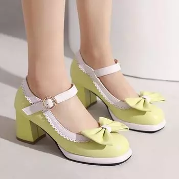 Модные элегантные туфли на высоком каблуке, женские туфли Мэри Джейн 2024 года, милые туфли-лолиты с бантами на ремешках, зеленые, телесного цвета, на каблуке, для вечеринки и свадьбы, для девочек 34 абрикосовый