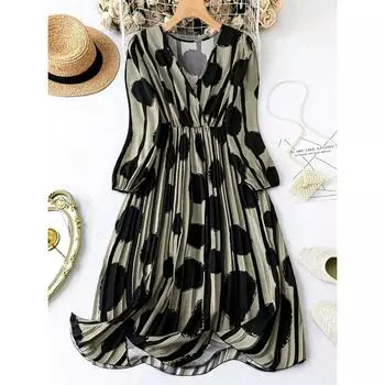 Модные элегантные винтажные повседневные платья с рукавами-фонариками, женские свободные платья с V-образным вырезом и высокой талией, сексуальное платье в горошек для вечеринок и клубов, А-силуэта, женское платье 25191 S