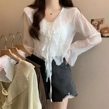 Модные элегантные винтажные женские рубашки с расклешенными рукавами, летние тонкие оборчатые повседневные белые блузки со шнуровкой, женская одежда, однотонные женские топы с V-образным вырезом 26128 One size белый