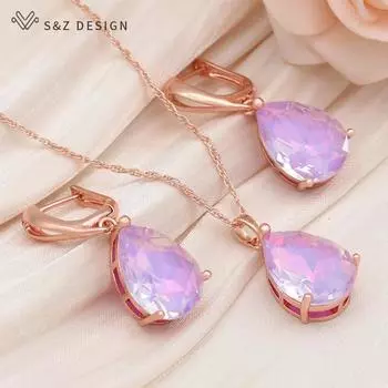 Модные элегантные висячие серьги с каплями воды и кристаллами, комплекты ювелирных изделий для женщин, свадебное ожерелье цвета розового золота