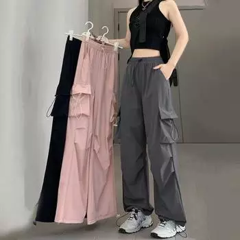 Модные элегантные женские брюки-карго с карманами, повседневные плиссированные брюки на шнурке, новые весенне-летние свободные тонкие рабочие спортивные брюки 507 S серый