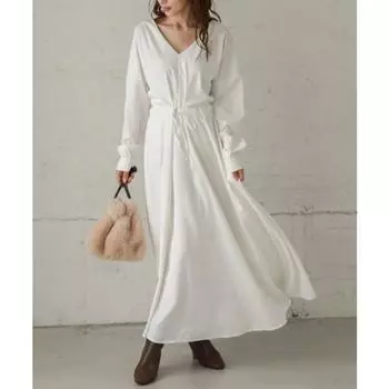 Модные элегантные женские платья с большим V-образным вырезом, длинное платье со шнуровкой на талии, с длинным рукавом, свободные платья А-силуэта для вечеринок, женская повседневная однотонная одежда 2792 S белый