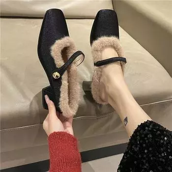 Модные элегантные женские полутапочки Мэри Джейн с металлической пряжкой 2024 года, новые туфли на среднем каблуке, женские зимние теплые туфли-лодочки с ремешком из плюша Zapatos 35