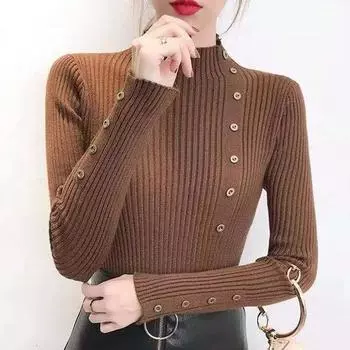 Модные элегантные женские полуводолазки, свитера, пуловеры, пуговицы, длинные рукава, повседневные трикотажные топы, новые базовые вязаные свитера-джемперы One Size белый