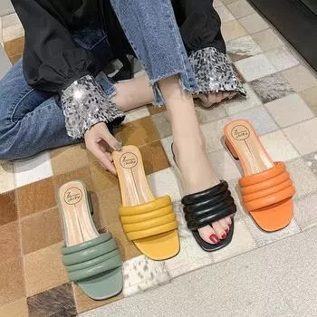 Модные элегантные женские тапочки, высококачественные, прочные, удобные, из искусственной кожи, сандалии с квадратным носком, женские туфли на низком каблуке для вечеринки d98 35 жёлтый