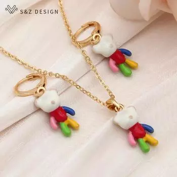 Модные эмалированные красочные серьги-капли с медведем, комплекты ювелирных изделий для женщин и девочек, повседневные вечерние подвески, ожерелье, подарок