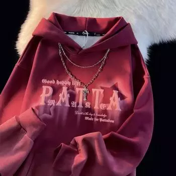 Модные американские ретро-звезды с ожерельем и градиентом, толстовка мужская осенне-зимняя уличная куртка Y2K с утолщенным капюшоном S красный