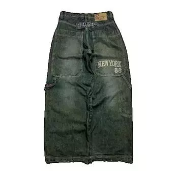 Модные американские уличные джинсы 90-х годов Y2K хип-хоп вышитые буквы классические ретро свободные джинсы мужские женские с высокой талией широкие штанины S серый