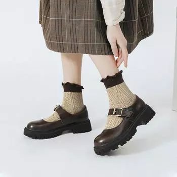 Модные английские кожаные туфли на толстой подошве, женская весна 2024, новые туфли Мэри Джейн с круглым носком в стиле ретро, одинарные туфли из натуральной кожи в винтажном стиле 34 чёрный