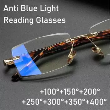 Модные анти-синие очки для чтения без оправы с алмазной оправой, мужские квадратные очки, очки для пресбиопии +1.0