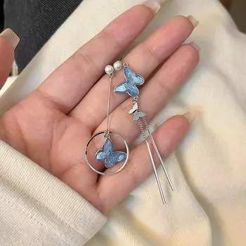 Модные асимметричные серьги-кисточки, блестящие длинные серьги-капли с кристаллами для девочек синий