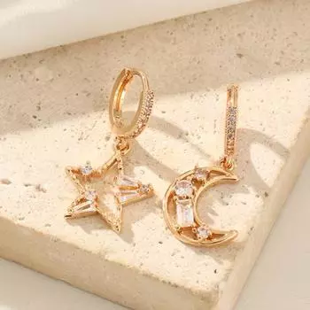 Модные асимметричные серьги-подвески со звездами и луной для женщин, серьги с кубическим цирконием, ювелирные изделия, аксессуары для вечеринок золотой
