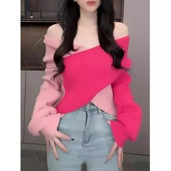 Модные асимметричные вязаные свитера с открытыми плечами для женщин, осень и зима, с перекрестным вырезом, сексуальные короткие пуловеры, топы, элегантный свитер с длинным рукавом 26053 One Size чёрный