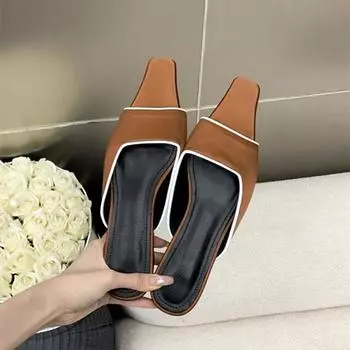 Модные атласные шлепанцы на низком каблуке для женщин 2024 года, сексуальные босоножки с открытым носком и квадратной головкой, летние повседневные сандалии на плоской подошве для женщин 35 коричневый