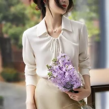 Модные атласные женские белые рубашки с длинным рукавом и V-образным вырезом, повседневные офисные женские блузки с отложным воротником и шнуровкой, элегантные топы на пуговицах, женская рубашка 26069 S белый