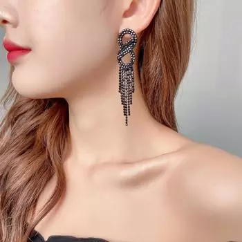 Модные атмосферные серьги длинные, инкрустированные стразами арабские цифры 8 темперамент любовь серьги-гвоздики с бахромой чёрный