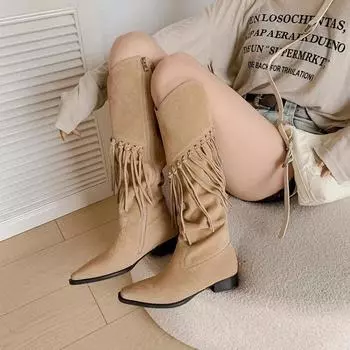 Модные этнические женские сапоги с квадратным каблуком и боковой молнией, ковбойские сапоги в стиле ретро, высокие сапоги до колена, новые модные длинные женские ботинки с кисточками 35 абрикосовый