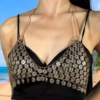 Модные аксессуары, диск с бахромой, цепочка для тела, полое сексуальное нижнее белье для ночного клуба, бюстгальтер с цепочкой на груди