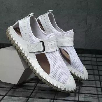 Модные ажурные мужские летние туфли, дышащие мужские повседневные сетчатые мокасины, новые сверхлегкие мужские мягкие кроссовки, сандалии ручной работы для отдыха и прогулок 38 белый