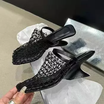 Модные ажурные сетчатые туфли с квадратным носком, женские туфли-лодочки, сексуальные необычные туфли на танкетке, сандалии, женские черные летние туфли 35 чёрный