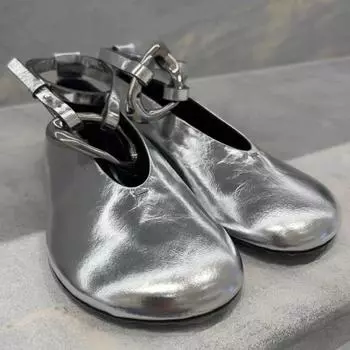 Модные балетки с металлической пряжкой 2024 года, новые полые сандалии, мягкие кожаные туфли Мэри Джейн с пряжкой на щиколотке и кольцом на плоской подошве 35 чёрный