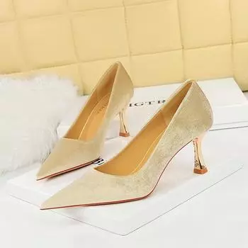 Модные банкетные туфли на высоком каблуке, замшевые одинарные туфли с острым носком и металлическим каблуком 34 абрикосовый