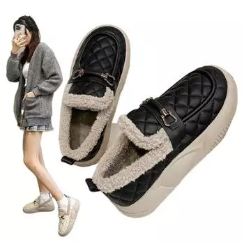 Модные бархатные мокасины для женщин 2024 года, осень и зима, плоская подошва, нескользящая теплая хлопковая обувь, модные туфли Bean, кожаная обувь 35 бежевый