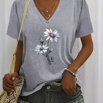 Модные белые блузки с рисунком в виде маленьких цветочков, футболки с коротким рукавом и V-образным вырезом, повседневные XS розовый