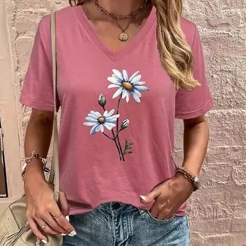 Модные белые блузки с рисунком в виде маленьких цветочков, футболки с коротким рукавом и V-образным вырезом, повседневные XS розовый