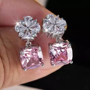 Модные белые цветочные розовые квадратные серьги-подвески из циркона для женщин, свадебные украшения для помолвки розовый/серебряный