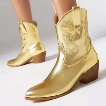 Модные белые ковбойские ботильоны в западном стиле для женщин, осень-зима 2024, золотисто-серебряные короткие ботинки, сексуальные туфли на низком каблуке для женской танцевальной вечеринки 35 золотой