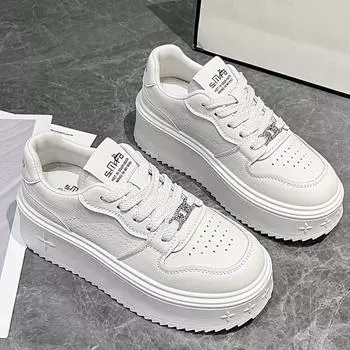 Модные белые кожаные туфли с толстой подошвой, женские кроссовки, повседневная обувь из кожи, скейтборд, туфли на каблуках с круглым носком, удобные туфли Zapatillas 35 белый