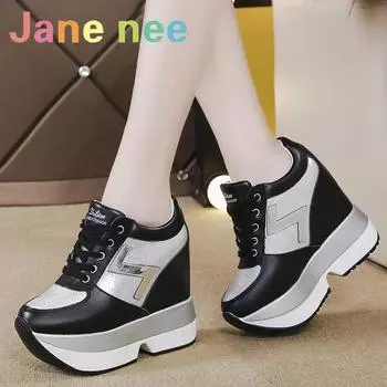 Модные белые кроссовки женские повседневные туфли на высокой платформе кожаные туфли для увеличения роста 10 см толстая подошва кроссовки теннис спорт 35 чёрный