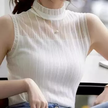 Модные белые кружевные повседневные трикотажные майки женские летние жилетки без рукавов с высоким воротом женские майки элегантные однотонные офисные женские жилеты 24739 One Size белый